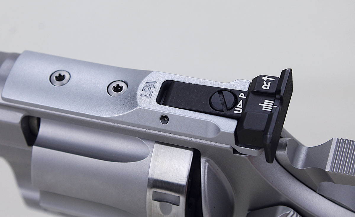 Rear sight is the fully adjustable LPA TXT. The entire assembly is easily removed, if desired, and a scope is mounted to the integral Pic rail.